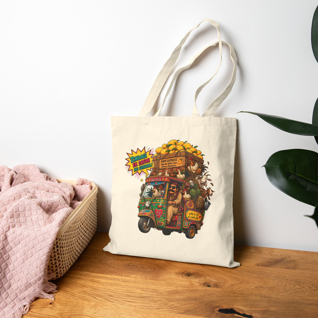 Overloaded Rickshaw Cotton Canvas Tote Bag —Vintage Street Scene