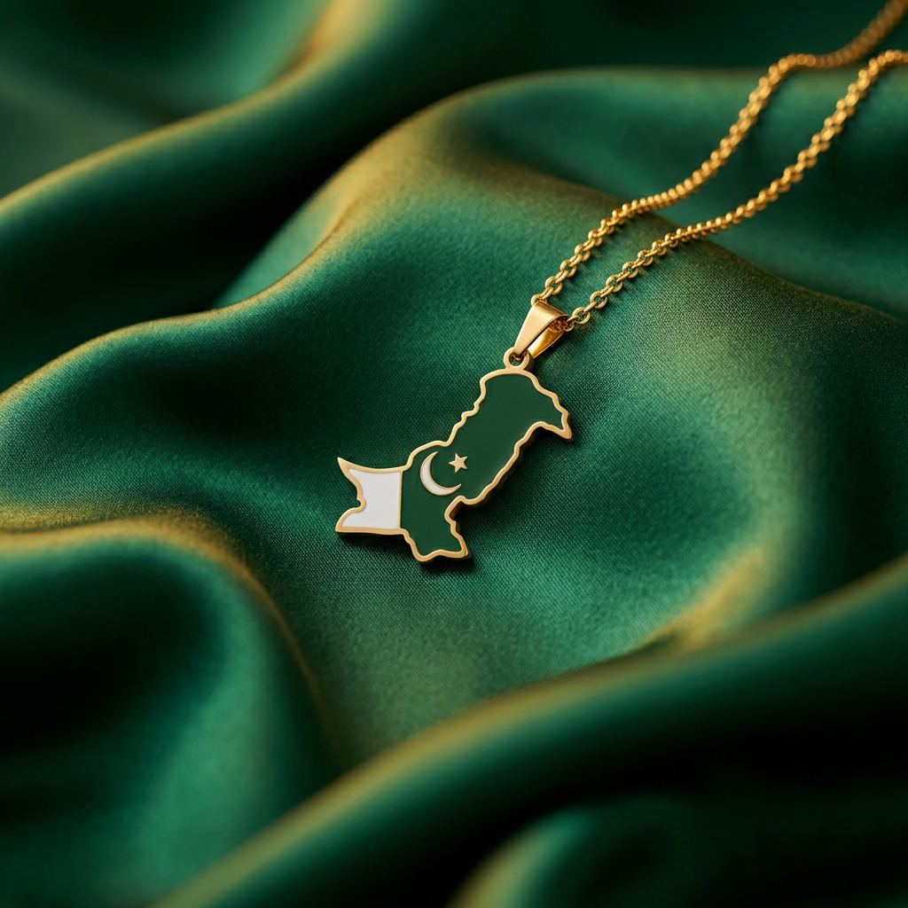 Pakistan Flag Map Necklace – Stainless Steel Chain - Gold