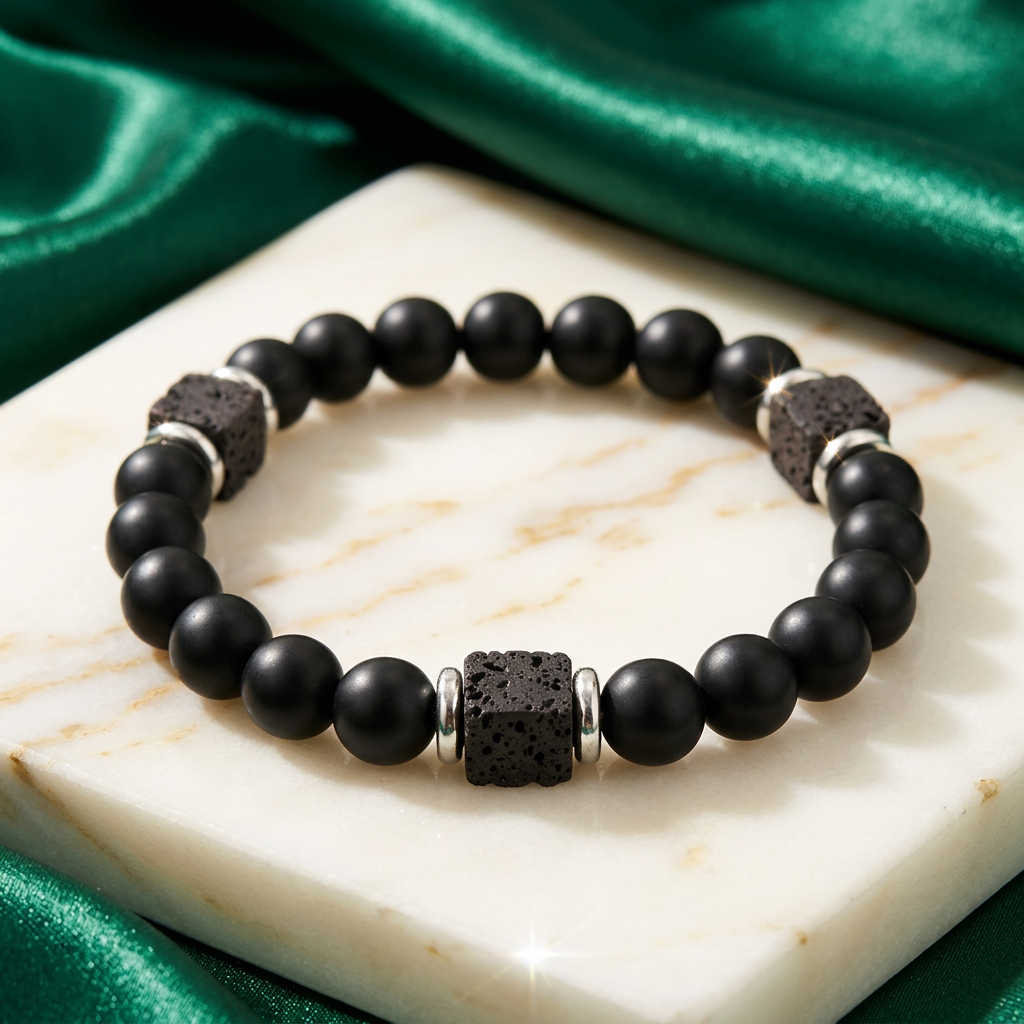 Black Frosted Lava Stone Unisex Bead Bracelet — Cube Beads, Elastic Fit