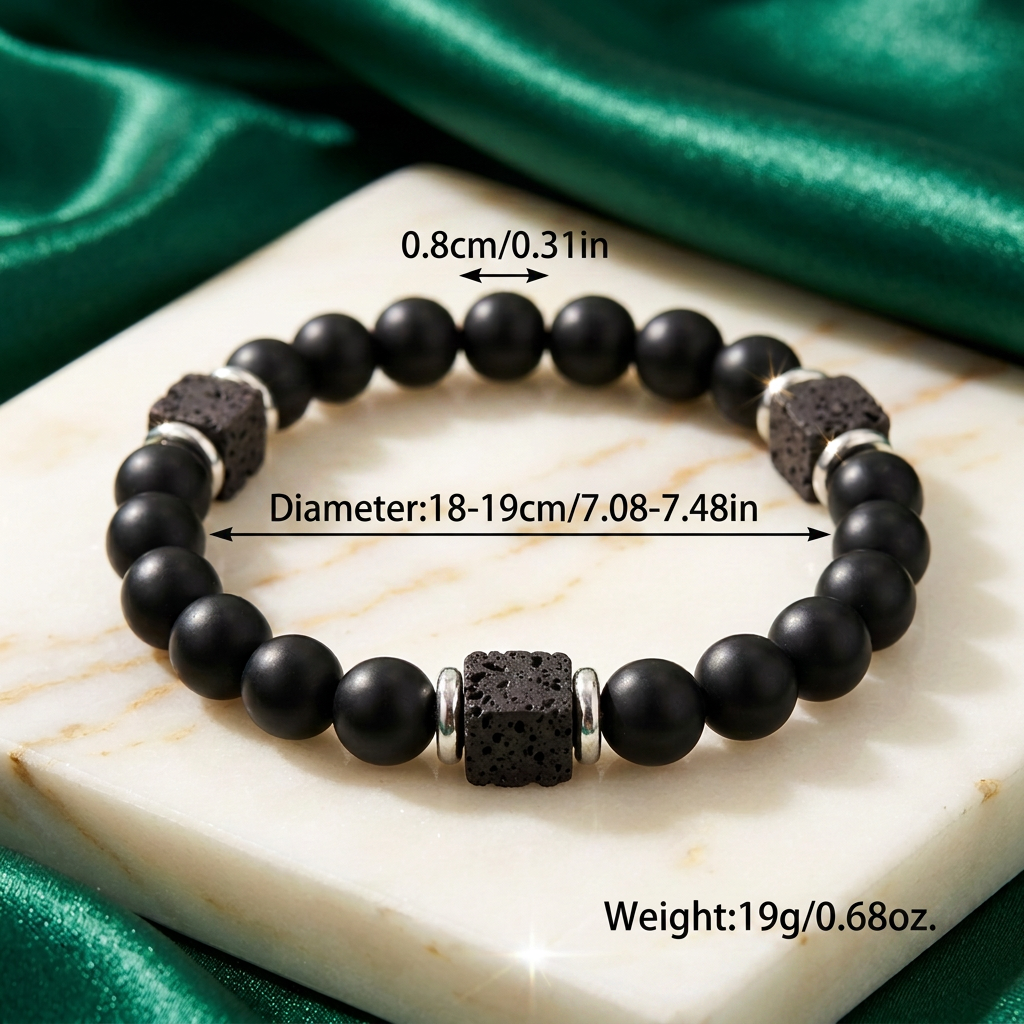 Black Frosted Lava Stone Unisex Bead Bracelet — Cube Beads, Elastic Fit