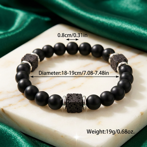 Black Frosted Lava Stone Unisex Bead Bracelet — Cube Beads, Elastic Fit