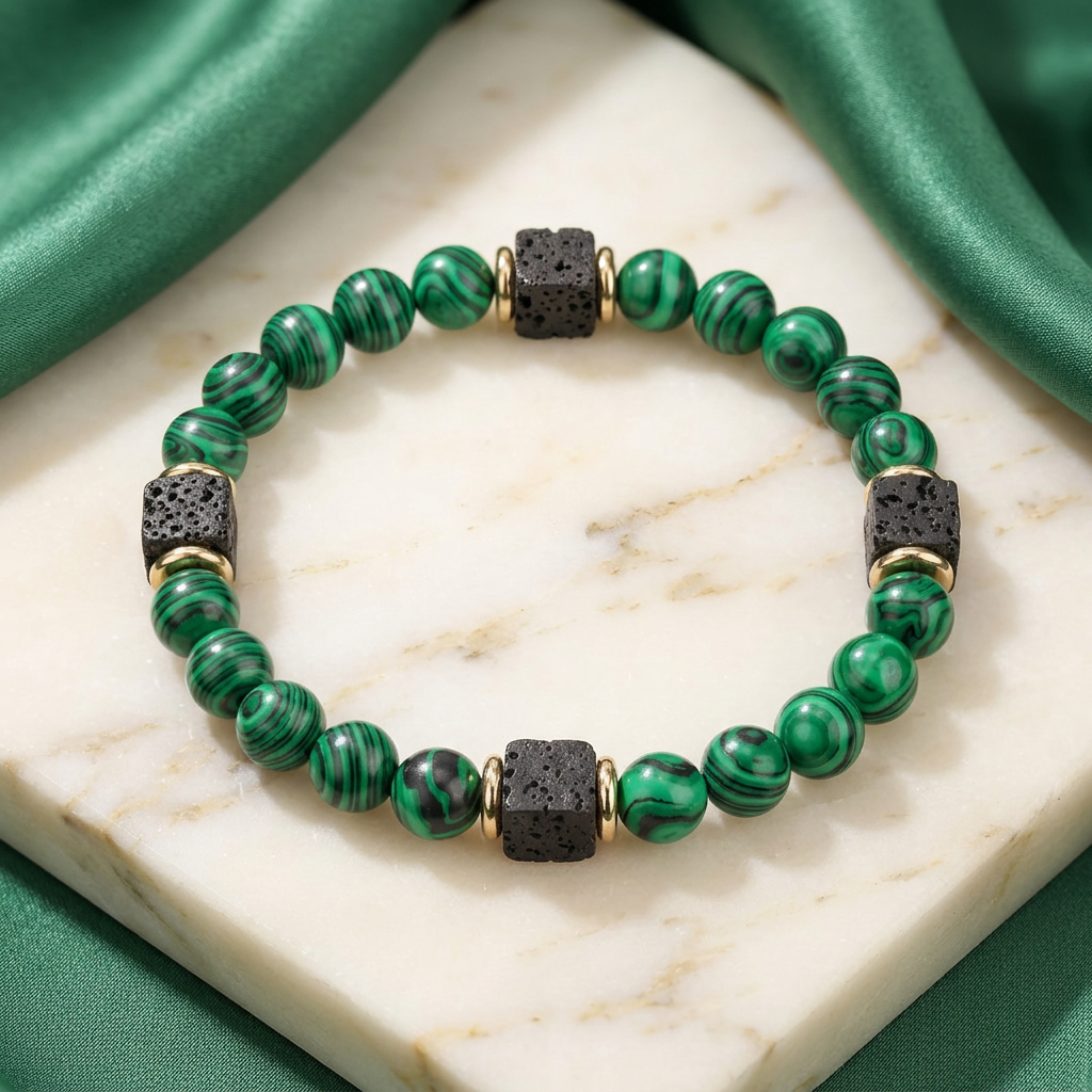 Green Frosted Lava Stone Unisex Bead Bracelet — Cube Beads, Elastic Fit