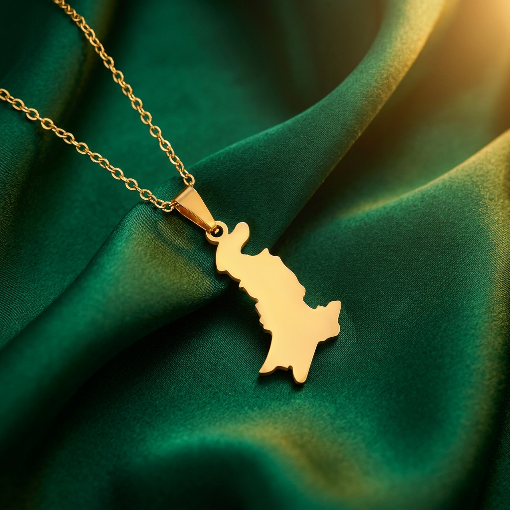 Pakistan Flag Map Necklace – Stainless Steel Chain - Gold