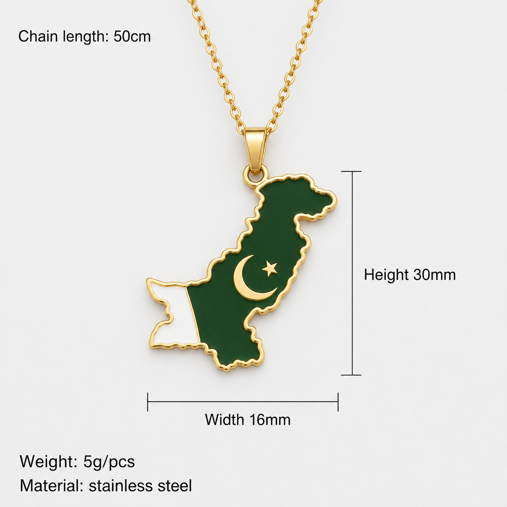 Pakistan Flag Map Necklace – Stainless Steel Chain - Gold