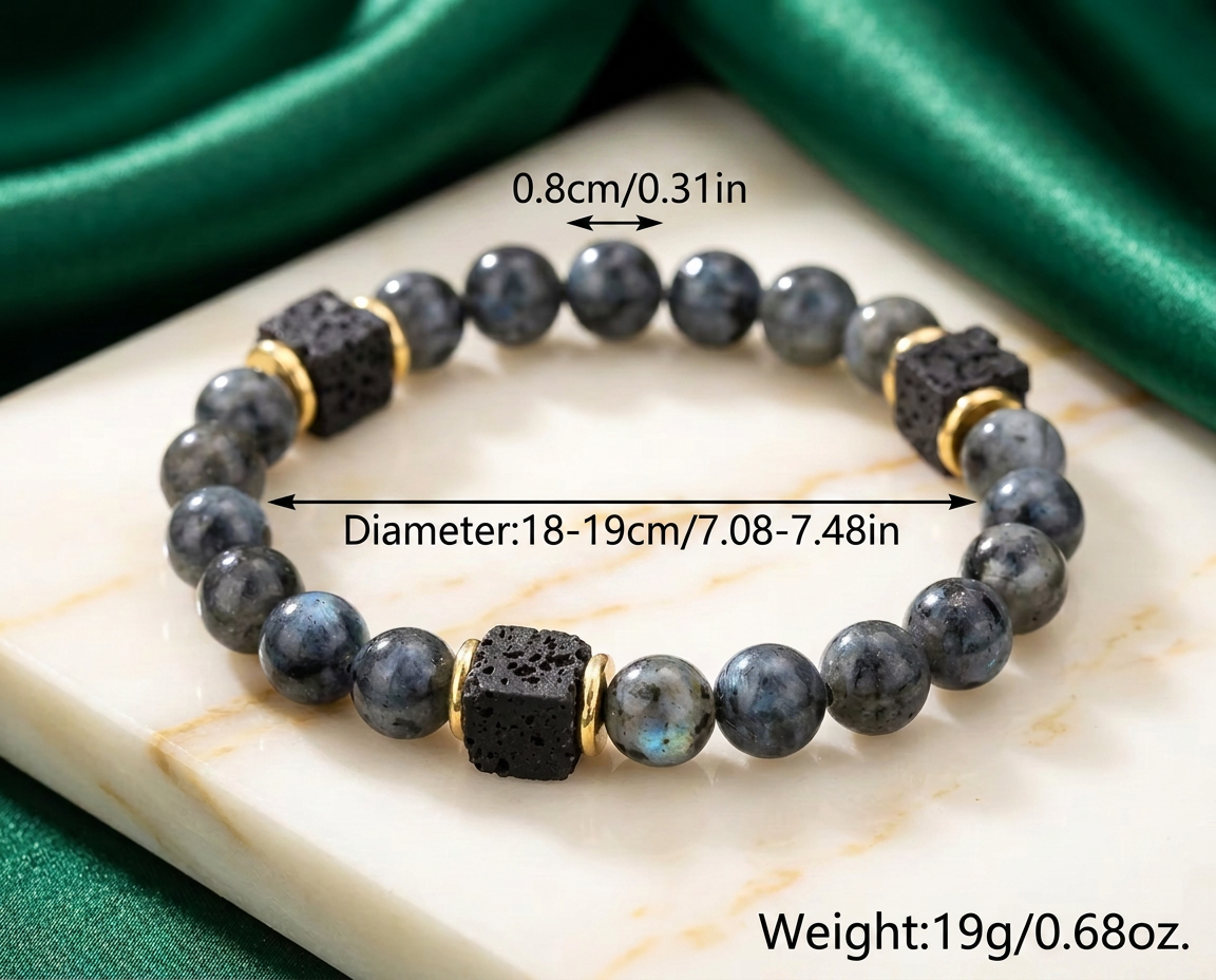 Gray Frosted Lava Stone Unisex Bead Bracelet — Cube Beads, Elastic Fit