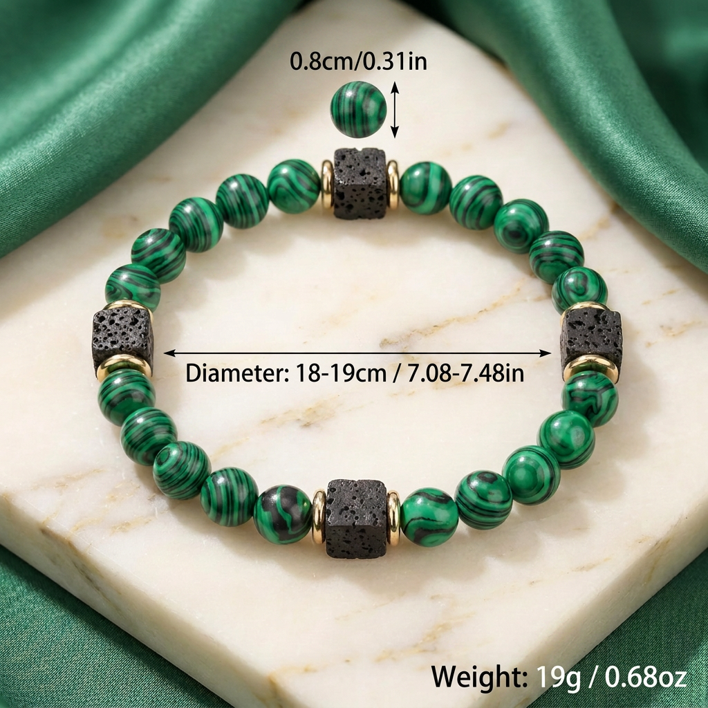 Green Frosted Lava Stone Unisex Bead Bracelet — Cube Beads, Elastic Fit