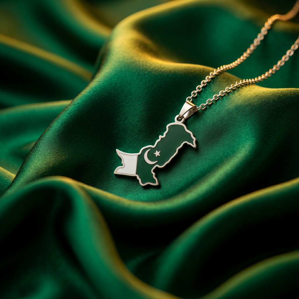 Pakistan Flag Map Necklace – Stainless Steel Chain- Silver
