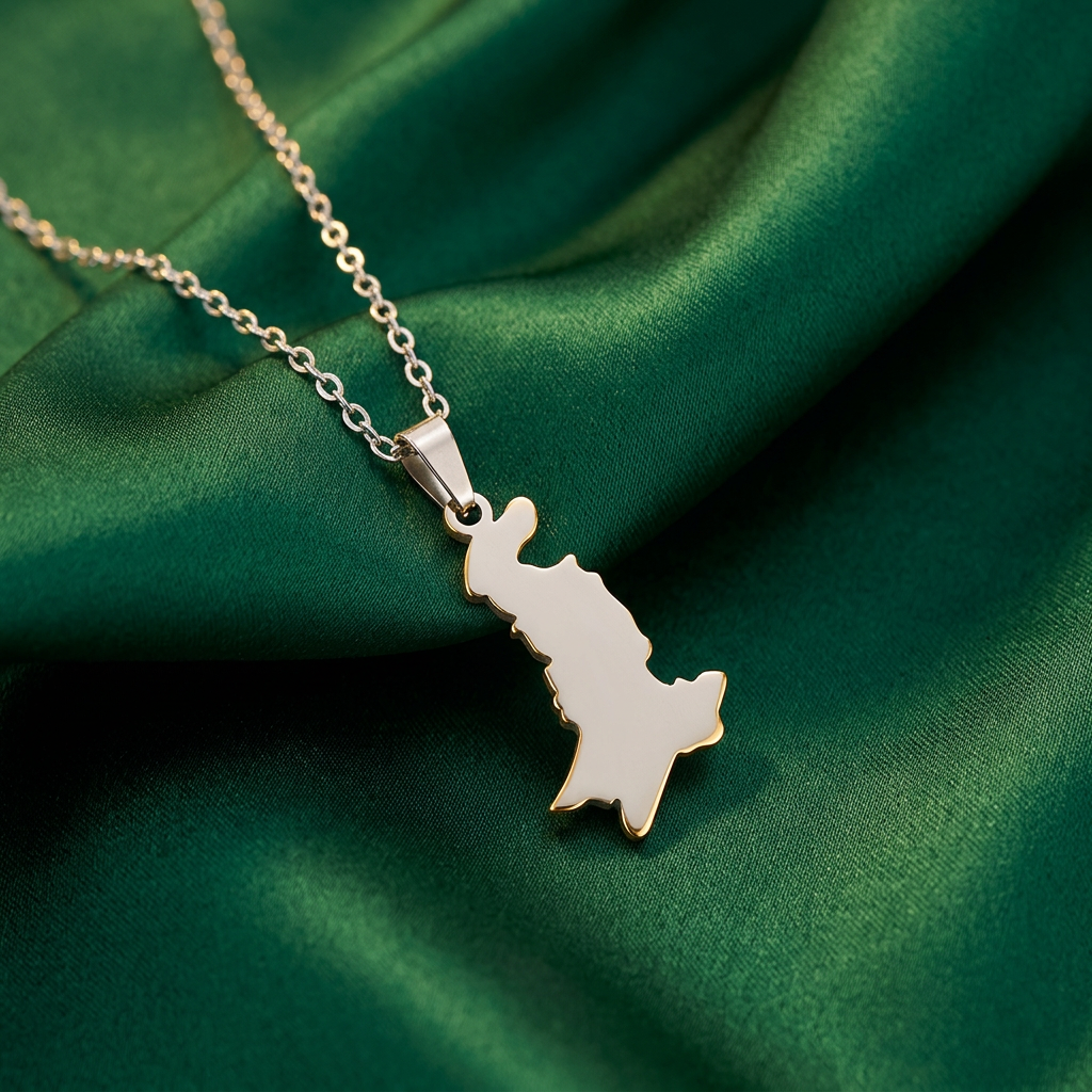 Pakistan Flag Map Necklace – Stainless Steel Chain- Silver