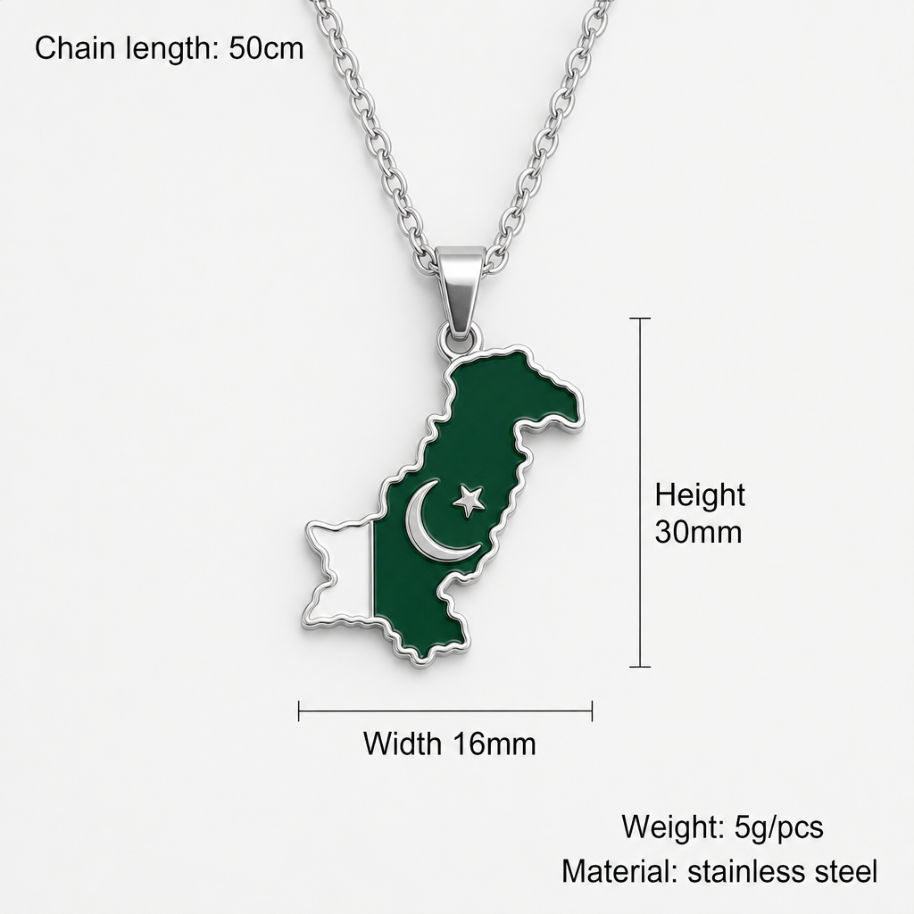 Pakistan Flag Map Necklace – Stainless Steel Chain- Silver