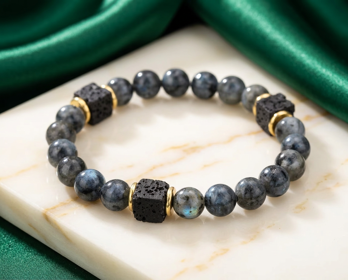 Gray Frosted Lava Stone Unisex Bead Bracelet — Cube Beads, Elastic Fit